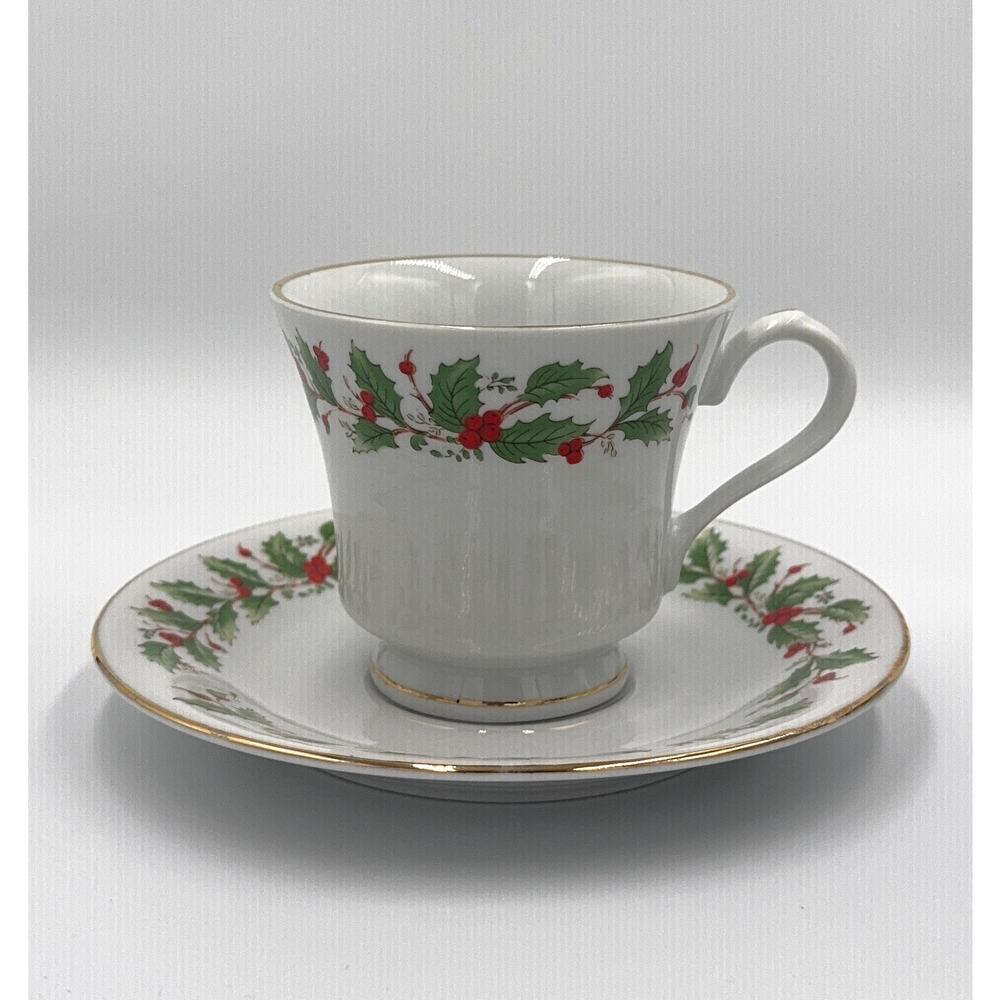 Vintage China Pearl NOEL Christmas Cup & Saucer Fine China Holly Berry Gold Trim